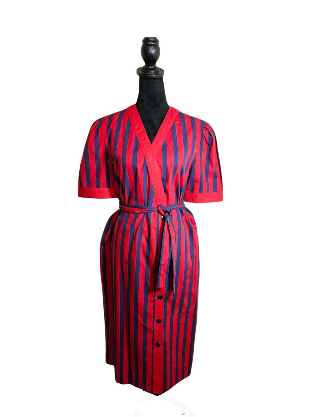 Vintage 80s Albert Nipon Executive Dress Red & Blue Striped Midi Shirtdress M